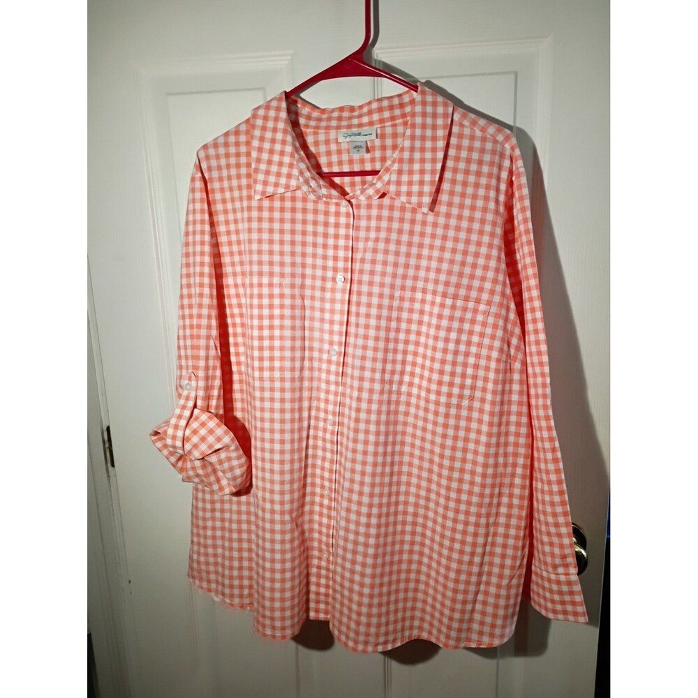 Jessica Simpson Woman 2X Roll Tab LS Collared Gingham Button Top classic casual